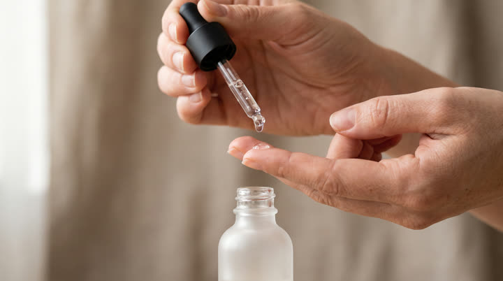 Signed-off frame: a drop of serum falling from a pipette onto a fingertip