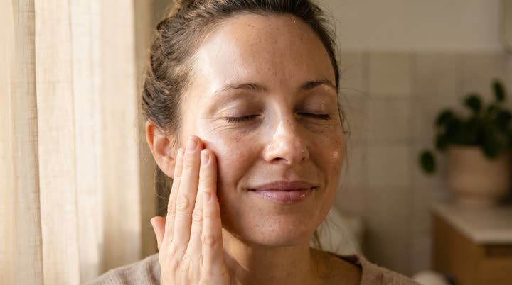 Signed-off frame: the woman pressing the serum into her cheek, eyes closed