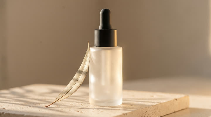 Signed-off frame: the serum bottle on a stone plinth in soft light