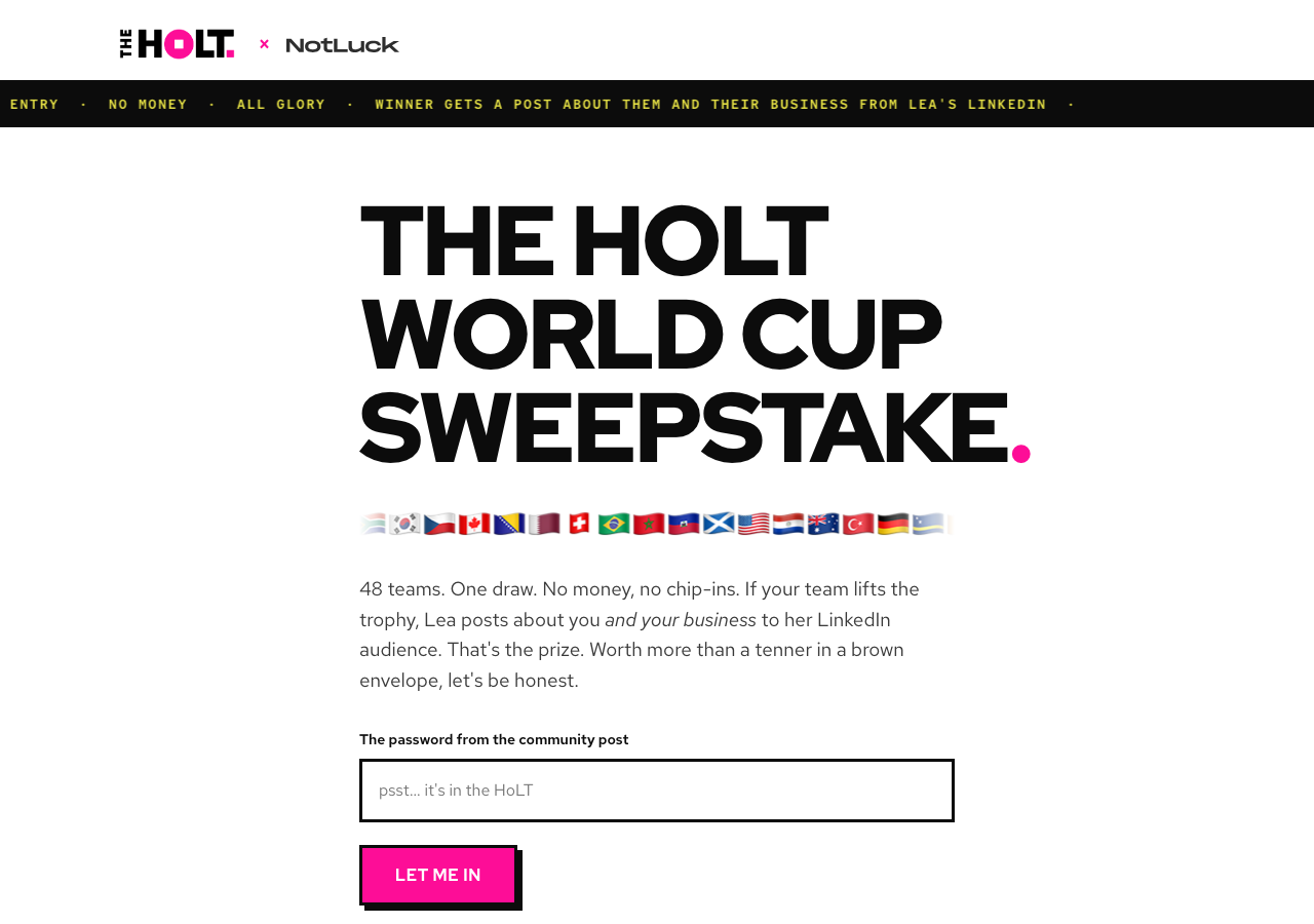 The HoLT World Cup Sweepstake password gate: bold headline, flag wall, scrolling ticker and a members-only password field