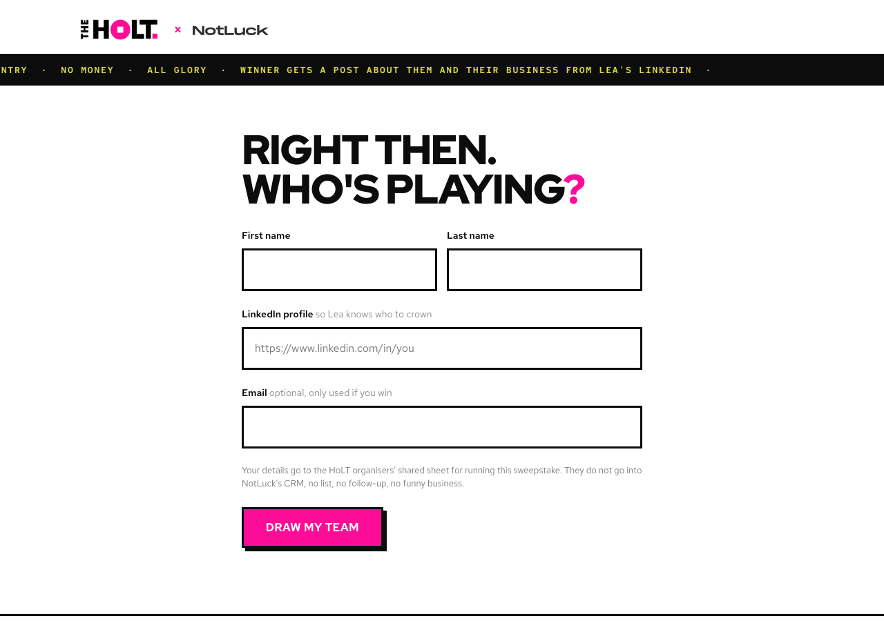The entry form, headlined Right then. Who's playing?