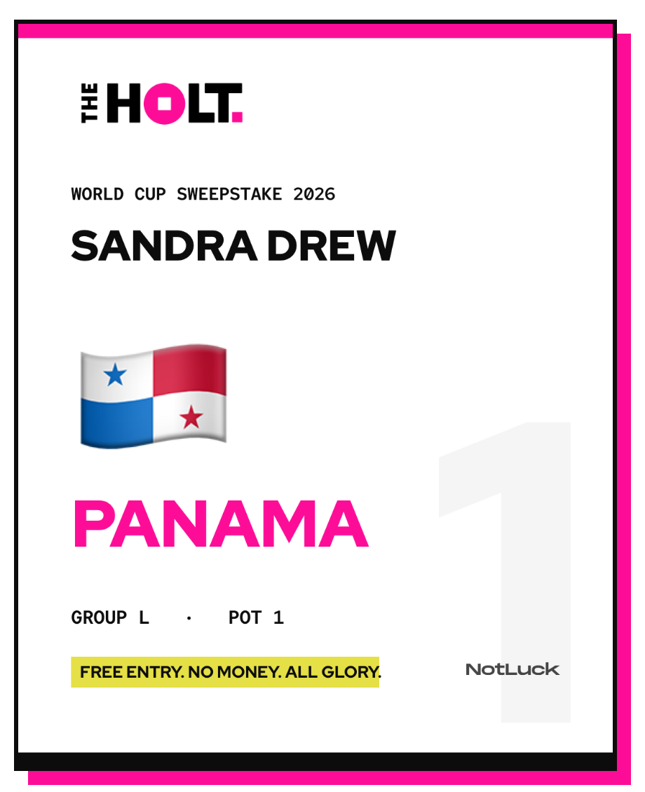 Close-up of the branded team card: Sandra Demo drew Panama, Group L, Pot 1