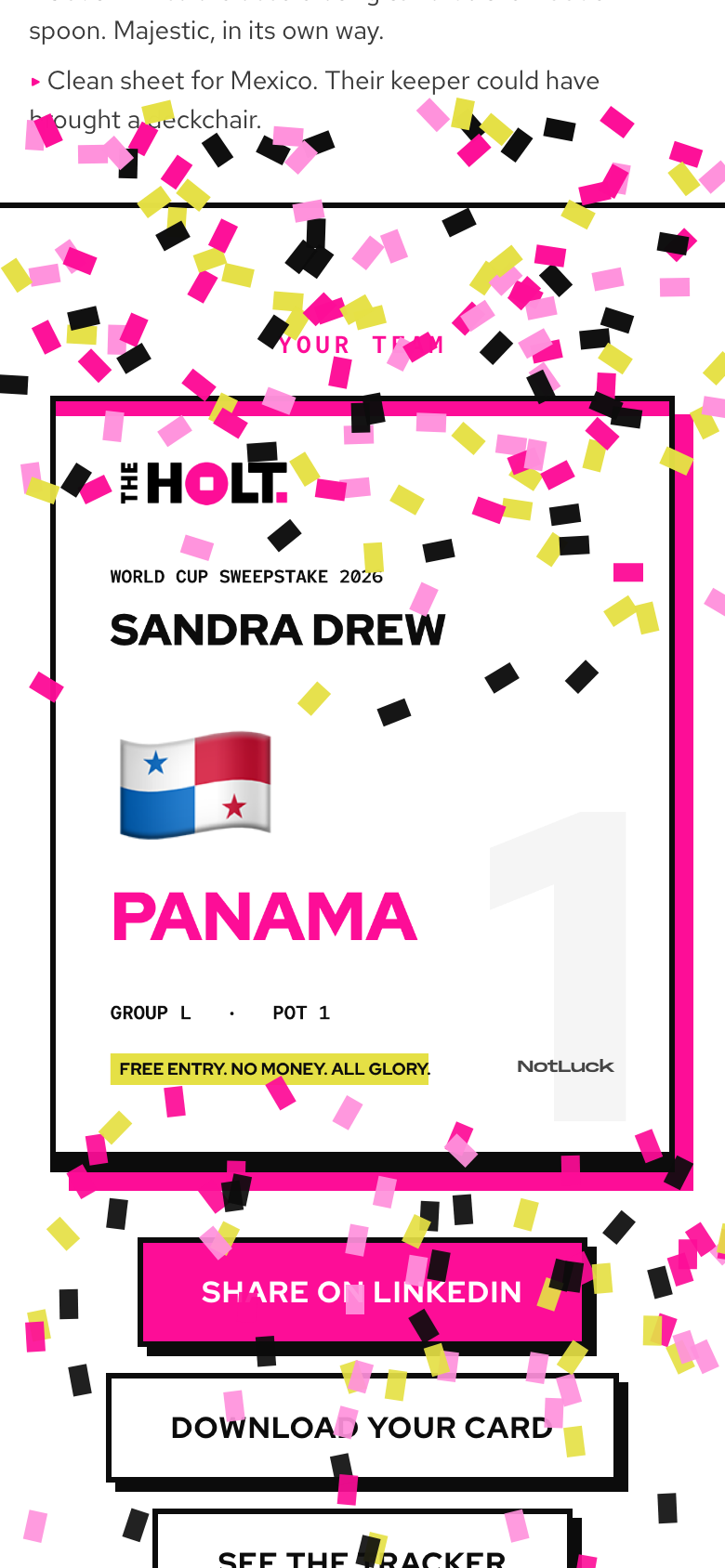 The same reveal on a phone: the full team card in frame with confetti falling
