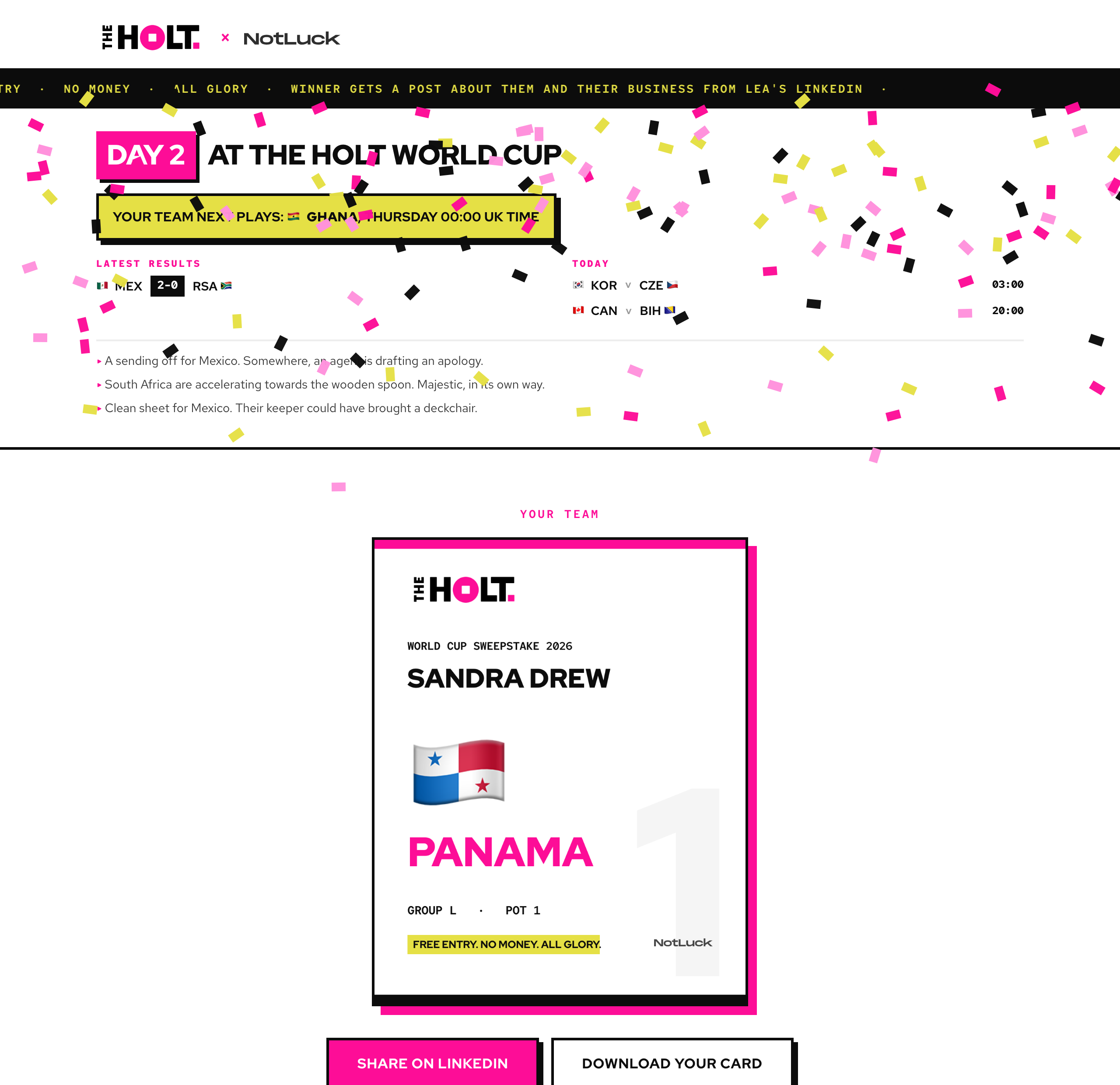 The reveal stage: a branded team card for Sandra Demo showing Panama, Group L, Pot 1, with confetti falling and the daily fixtures strip above