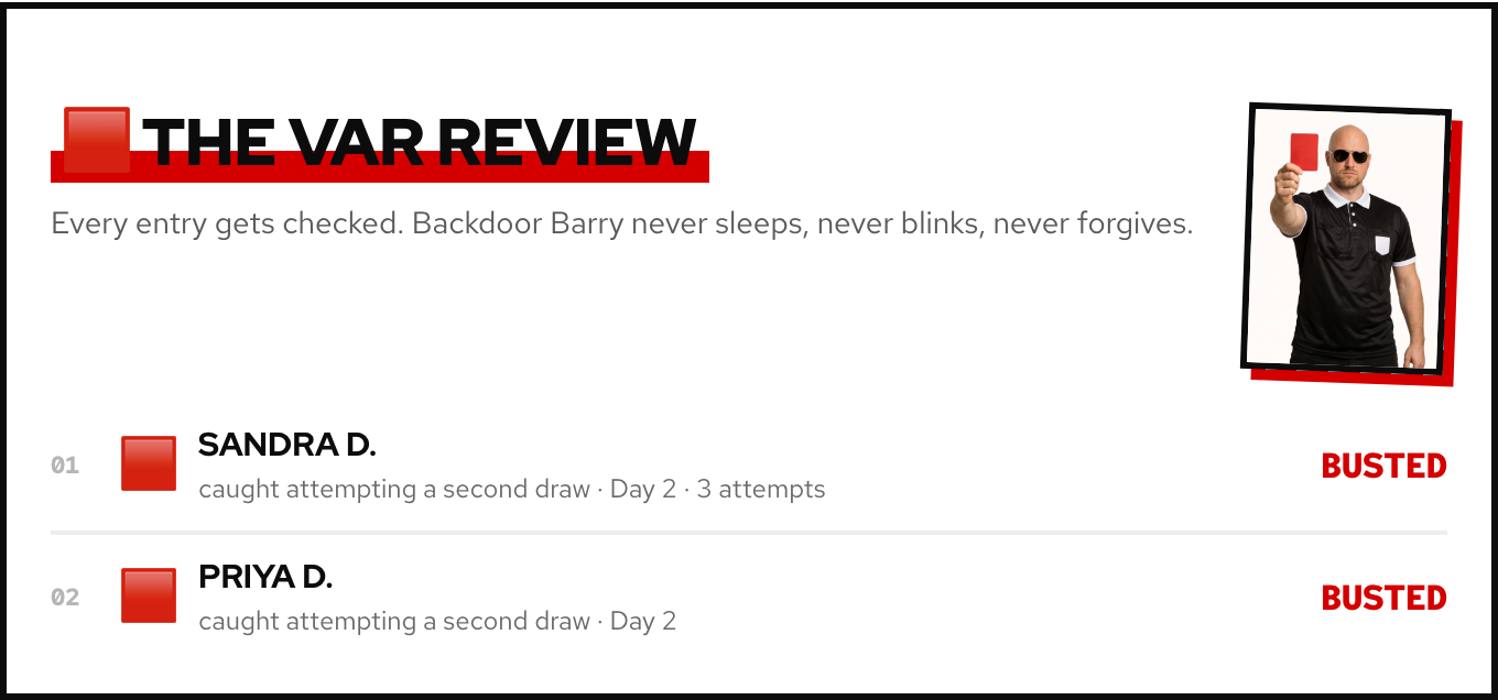 The VAR Review board: Backdoor Barry holding a red card, with Sandra D. and Priya D. marked BUSTED for attempting second draws