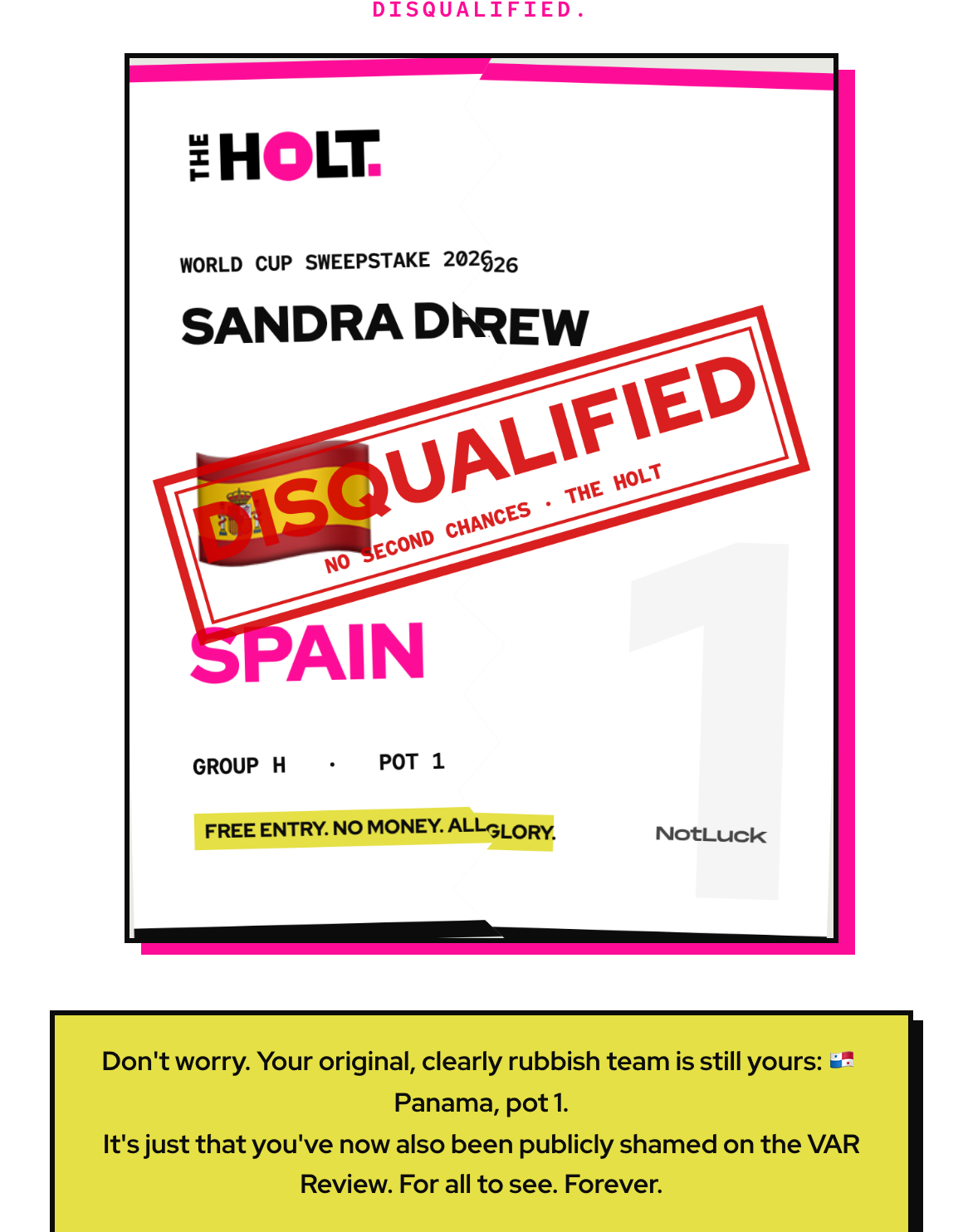 Cheater theatre: a torn Spain team card stamped DISQUALIFIED in red, above the yellow shame box explaining the public shaming