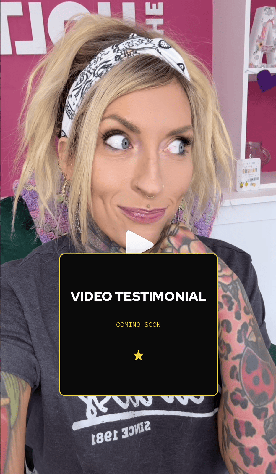 Lea Turner mid video message in the HoLT studio, with a video testimonial coming soon panel