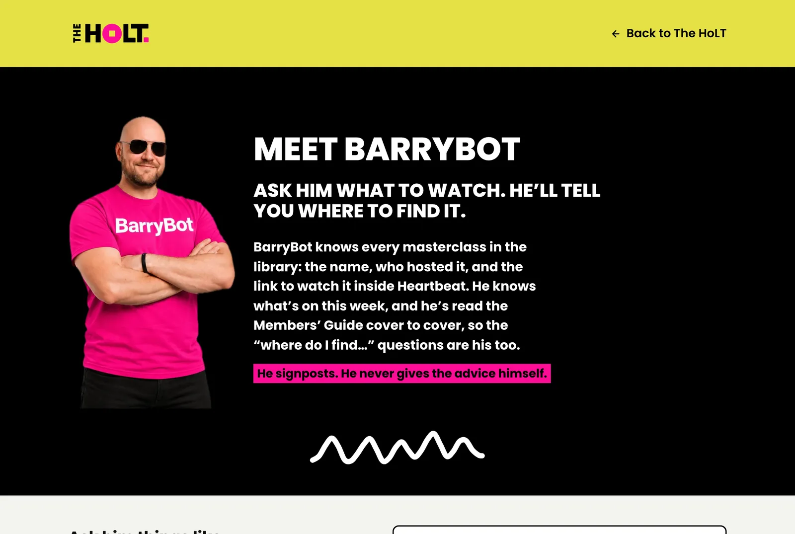 BarryBot's page on the HoLT hub: Barry in a pink BarryBot T-shirt, and the line 'Ask him what to watch. He'll tell you where to find it.'