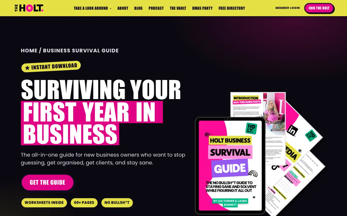 The HoLT Business Survival Guide page: 'Surviving your first year in business', instant download.