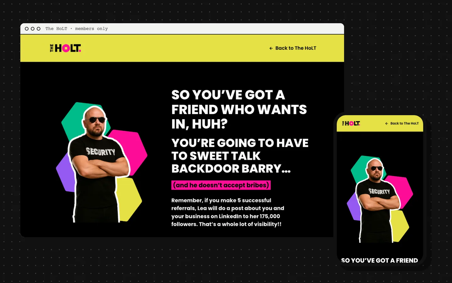 Backdoor Barry: 'So you've got a friend who wants in, huh?' Shown on a laptop and a phone.