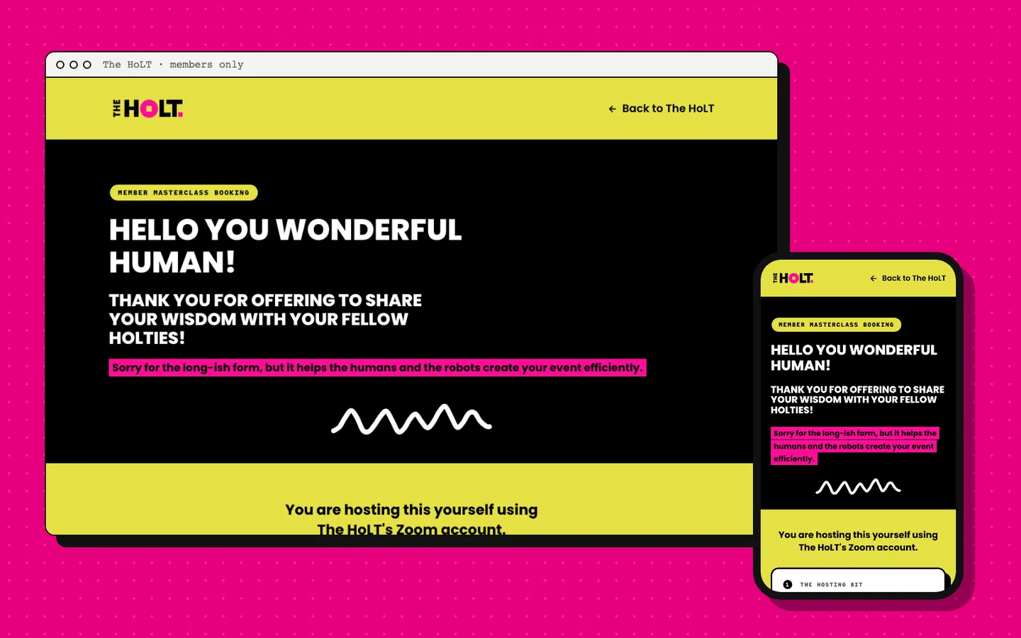 Member masterclass booking: 'Hello you wonderful human!' Shown on a laptop and a phone.