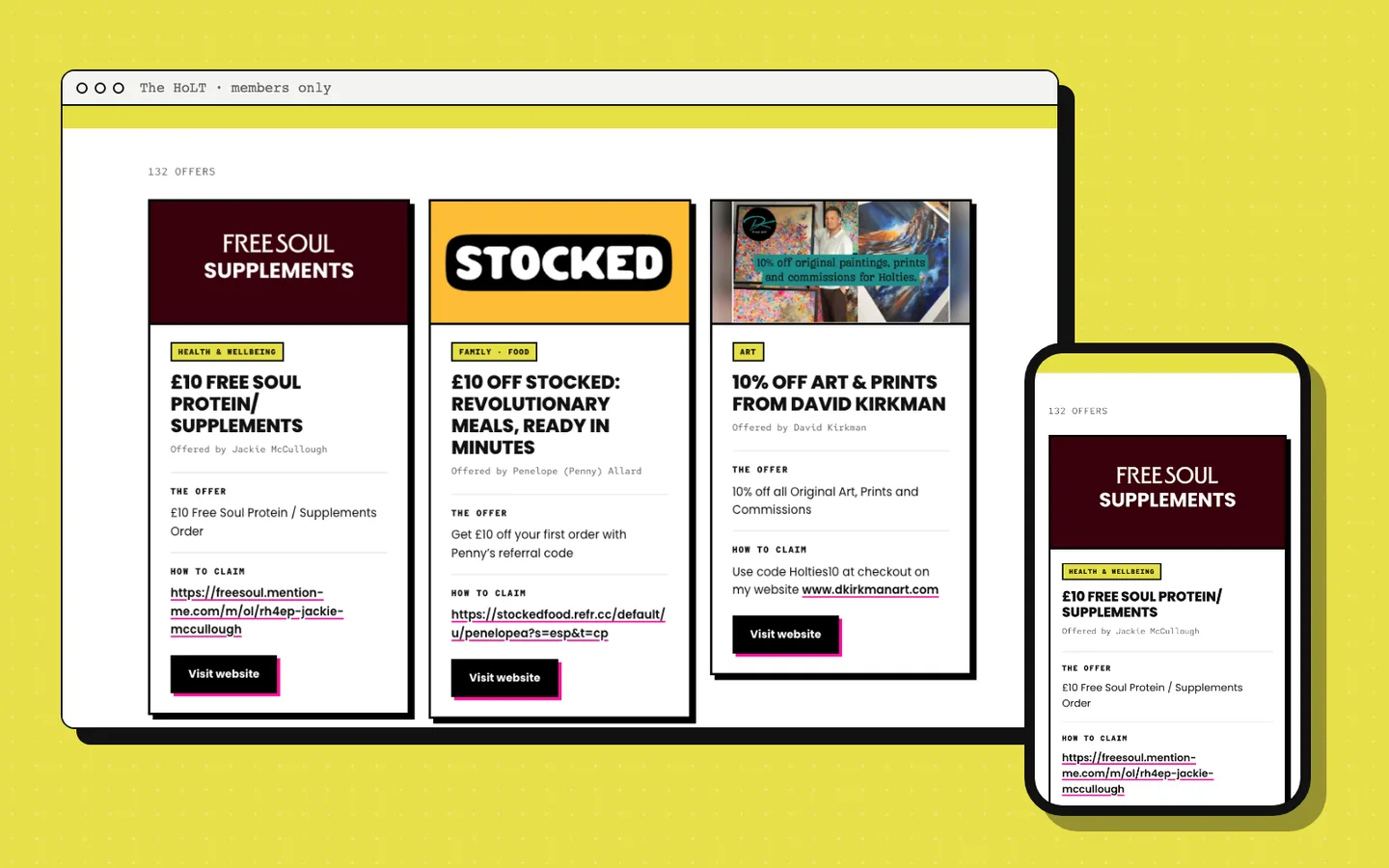 The HoLT Discount Directory: 'Lovely offers. From brilliant HoLTies.' with 132 offers to search. Shown on a laptop and a phone.