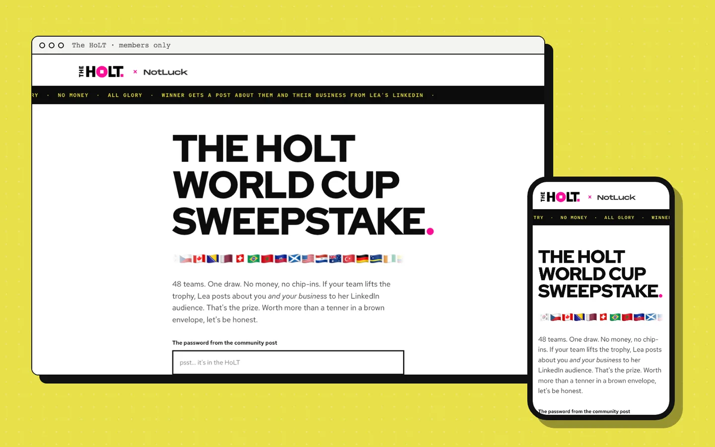 The HoLT World Cup Sweepstake: 48 teams, one draw, a password from the community post. Shown on a laptop and a phone.