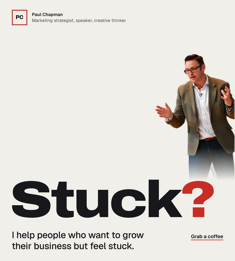 Paul Chapman's new homepage: the word Stuck? beside a photo of Paul mid-talk